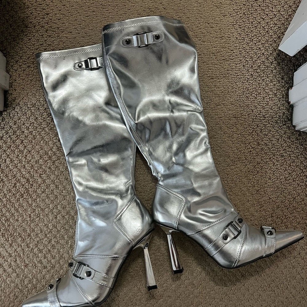 Fashion Nova Metallic Silver Heeled Boots